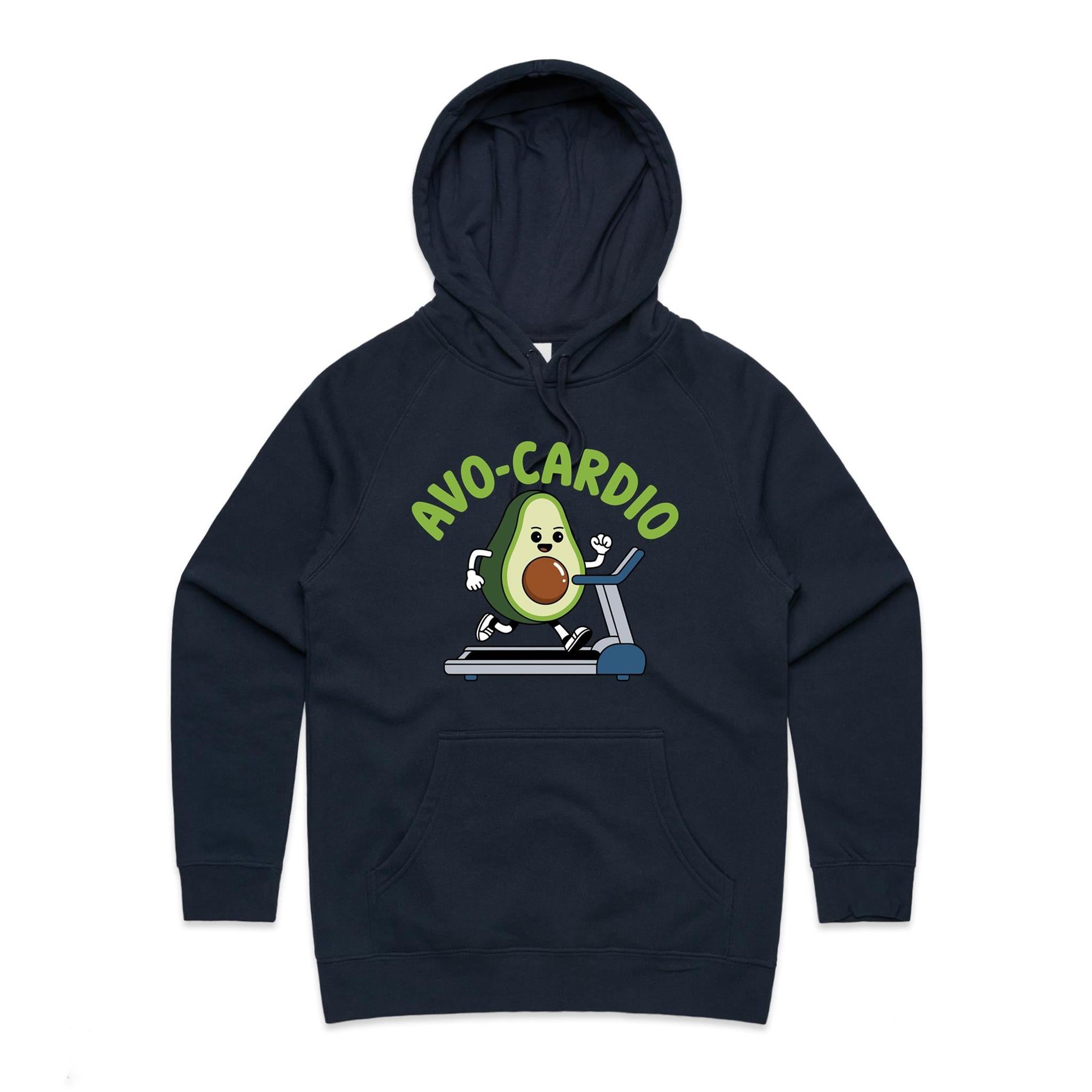 Avo-Cardio, Avocado Treadmill - Womens Hoodie Navy Womens Hoodie Fitness Food Printed In Australia