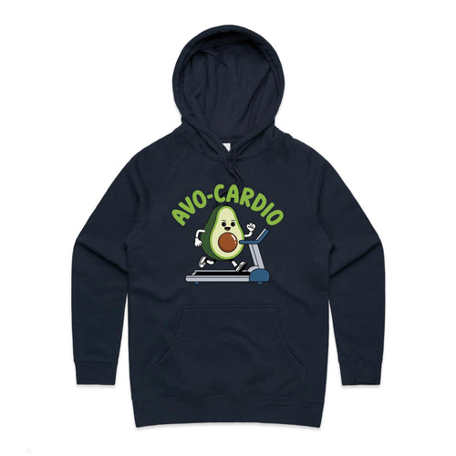 Avo-Cardio, Avocado Treadmill - Womens Hoodie Navy Womens Hoodie Fitness Food Printed In Australia