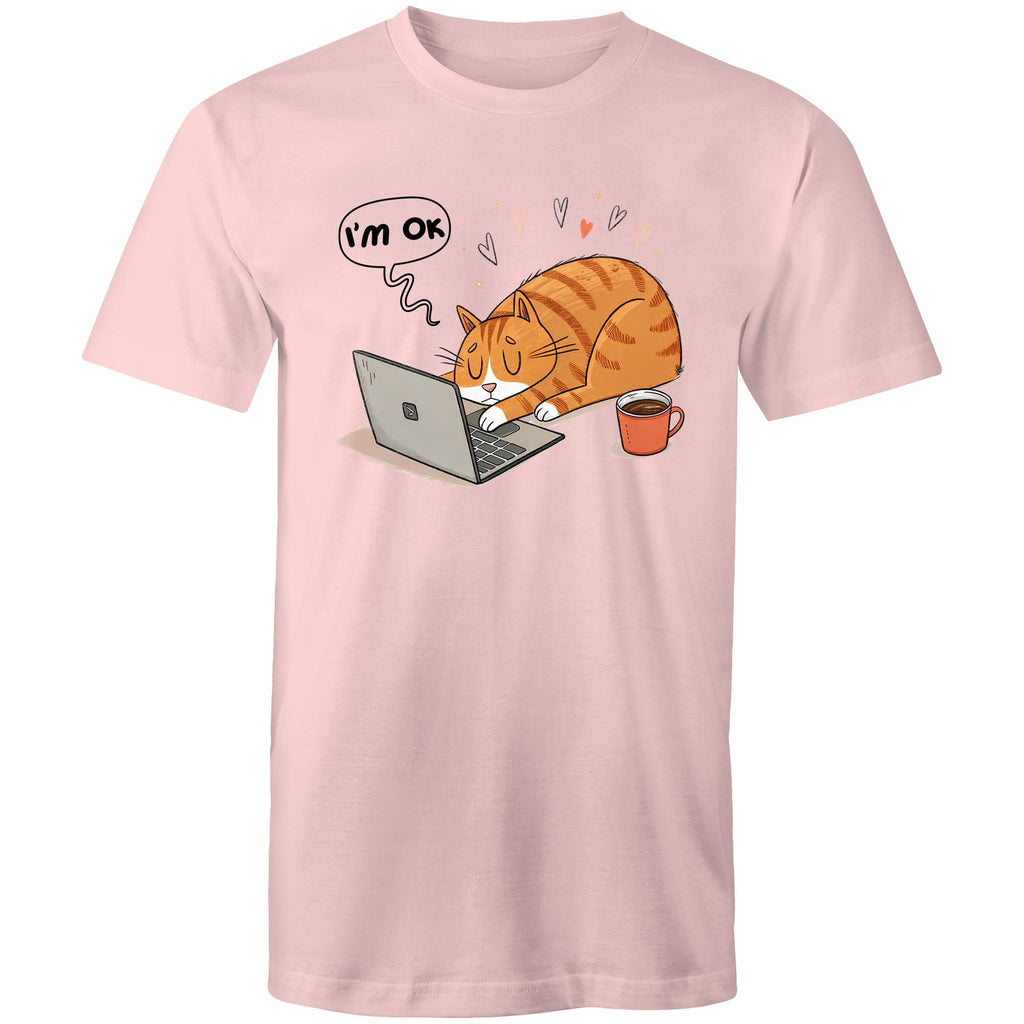 Cat Laptop, I'm OK - Mens T-Shirt Pink Mens T-shirt animal Printed In Australia