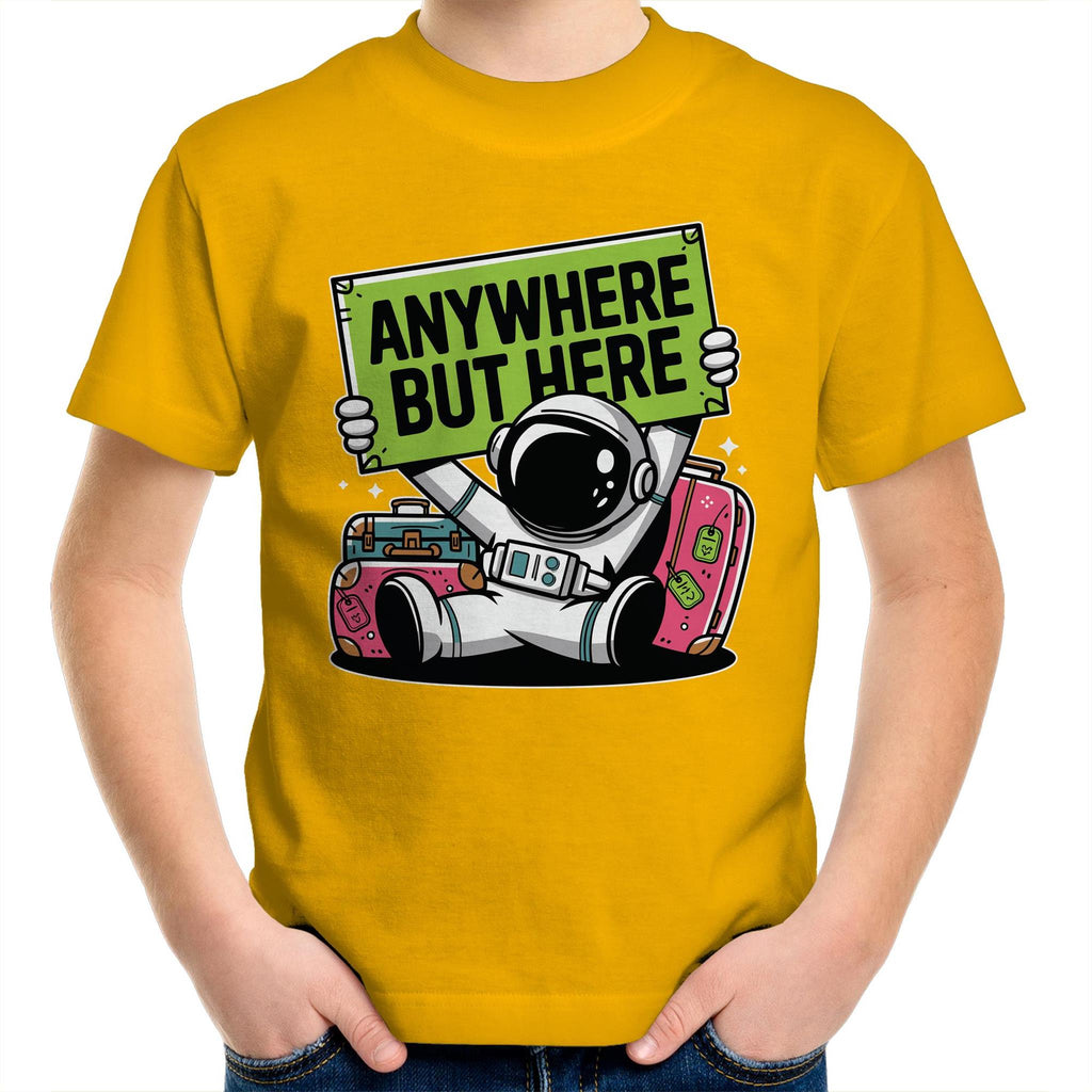 Astronaut, Anywhere But Here - Kids Youth T-Shirt Gold Kids Youth T-shirt Printed In Australia Space