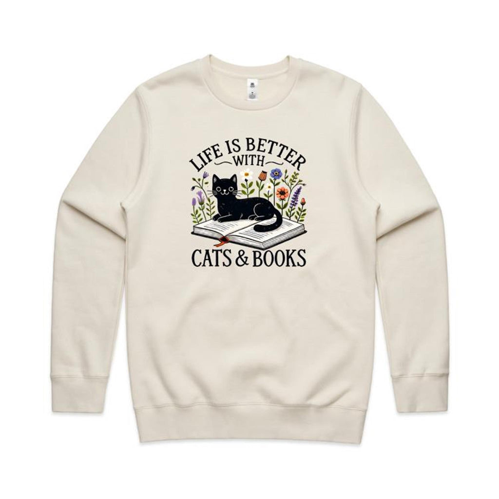 Life Is Better With Cats And Books - AS Colour Stencil Crew Sweatshirt Ecru Sweatshirt animal Printed In Australia Reading