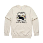 Life Is Better With Cats And Books - AS Colour Stencil Crew Sweatshirt Ecru Sweatshirt animal Printed In Australia Reading