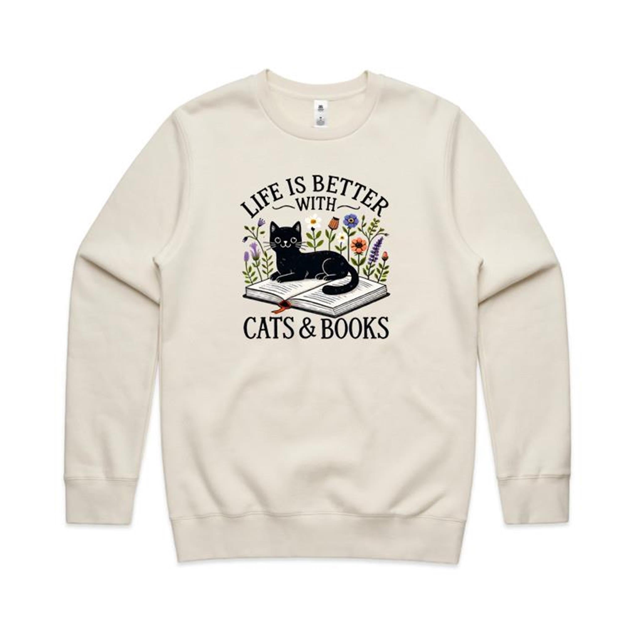 Life Is Better With Cats And Books - AS Colour Stencil Crew Sweatshirt Ecru Sweatshirt animal Printed In Australia Reading