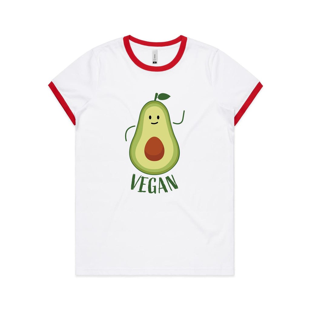 Vegan, Avocado - Women's Ringer Tee White Red Womens Ringer T-shirt Food Printed In Australia