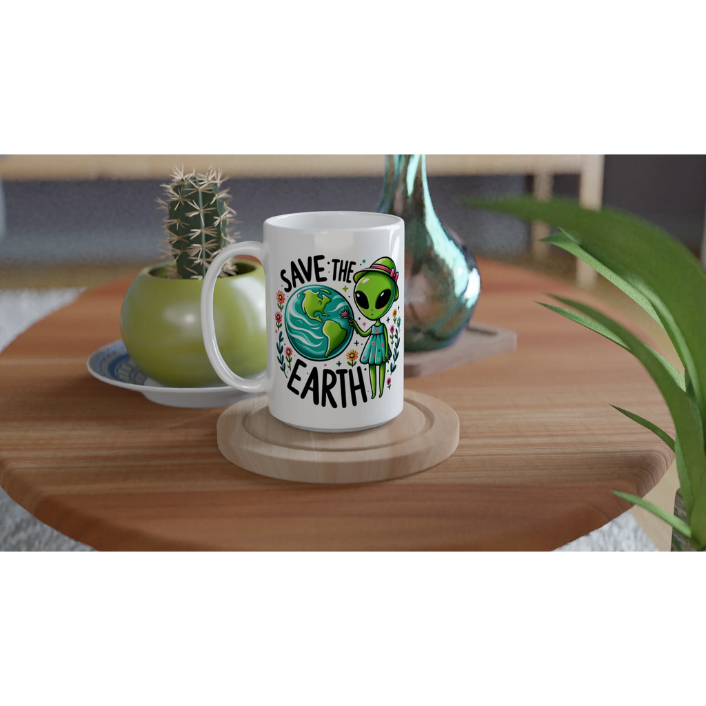 Personalised - Save The Earth, Alien - White 15oz Ceramic Mug Personalised 15oz Mug customise Environment Globally Fulfilled personalise Sci Fi