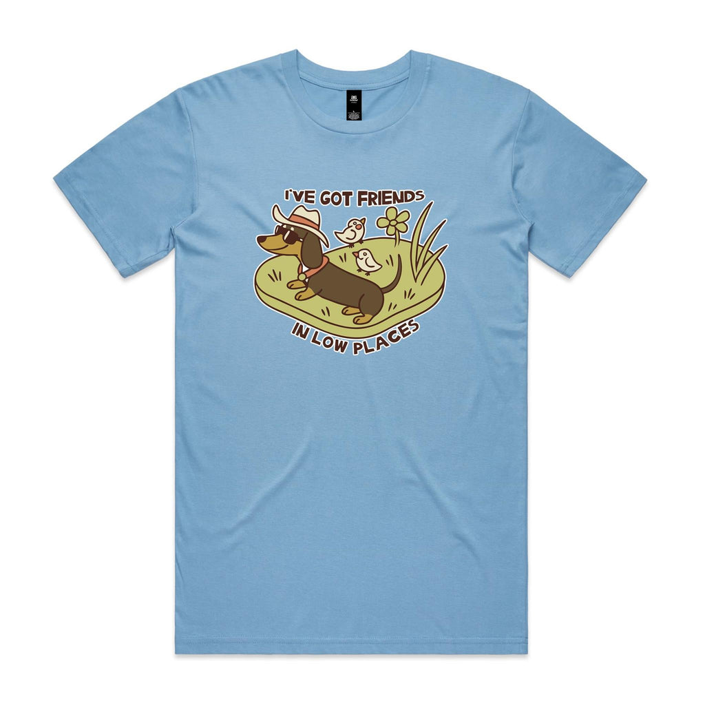 Dachshund, I've Got Friends In Low Places Men's AS Colour T-shirt Carolina Blue Mens T-shirt animal Printed In Australia