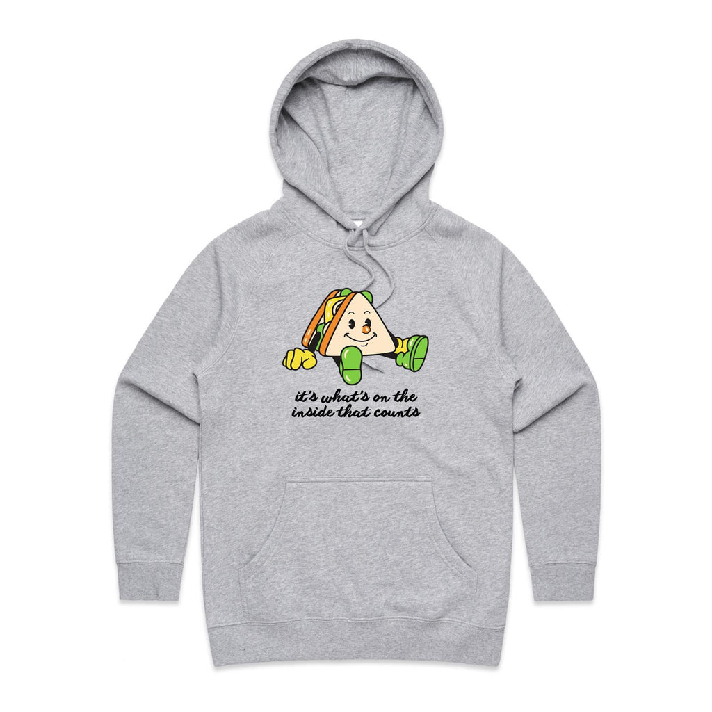 It's What's On The Inside That Counts, Sandwich - Womens Hoodie Grey Marle Womens Hoodie Food Positivity Printed In Australia