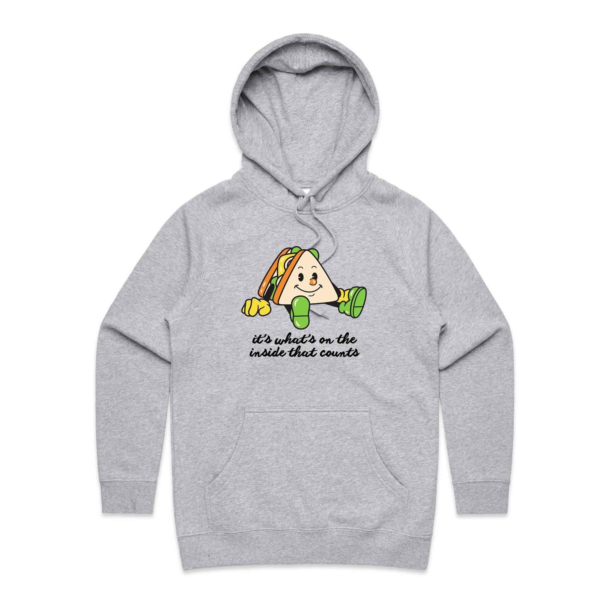 It's What's On The Inside That Counts, Sandwich - Womens Hoodie Grey Marle Womens Hoodie Food Positivity Printed In Australia