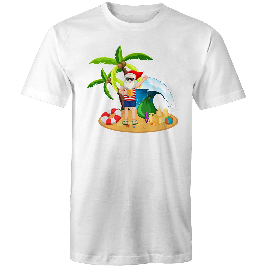 Surf Summer Santa - Mens T-Shirt White Mens Christmas T-shirt Christmas Printed In Australia