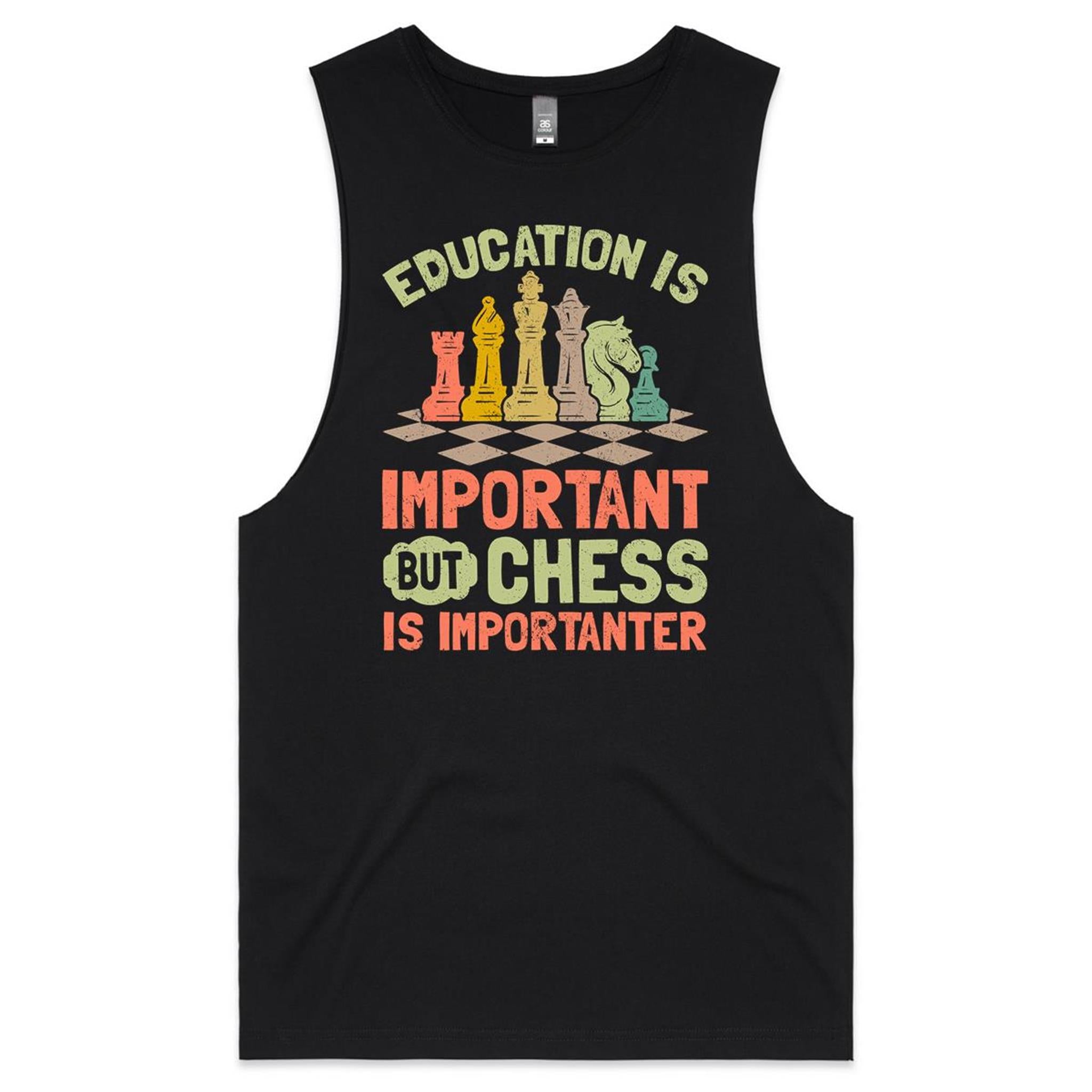 Chess And Education - Mens Tank Top Tee Black Drop Arm Tank Top Chess Games Printed In Australia