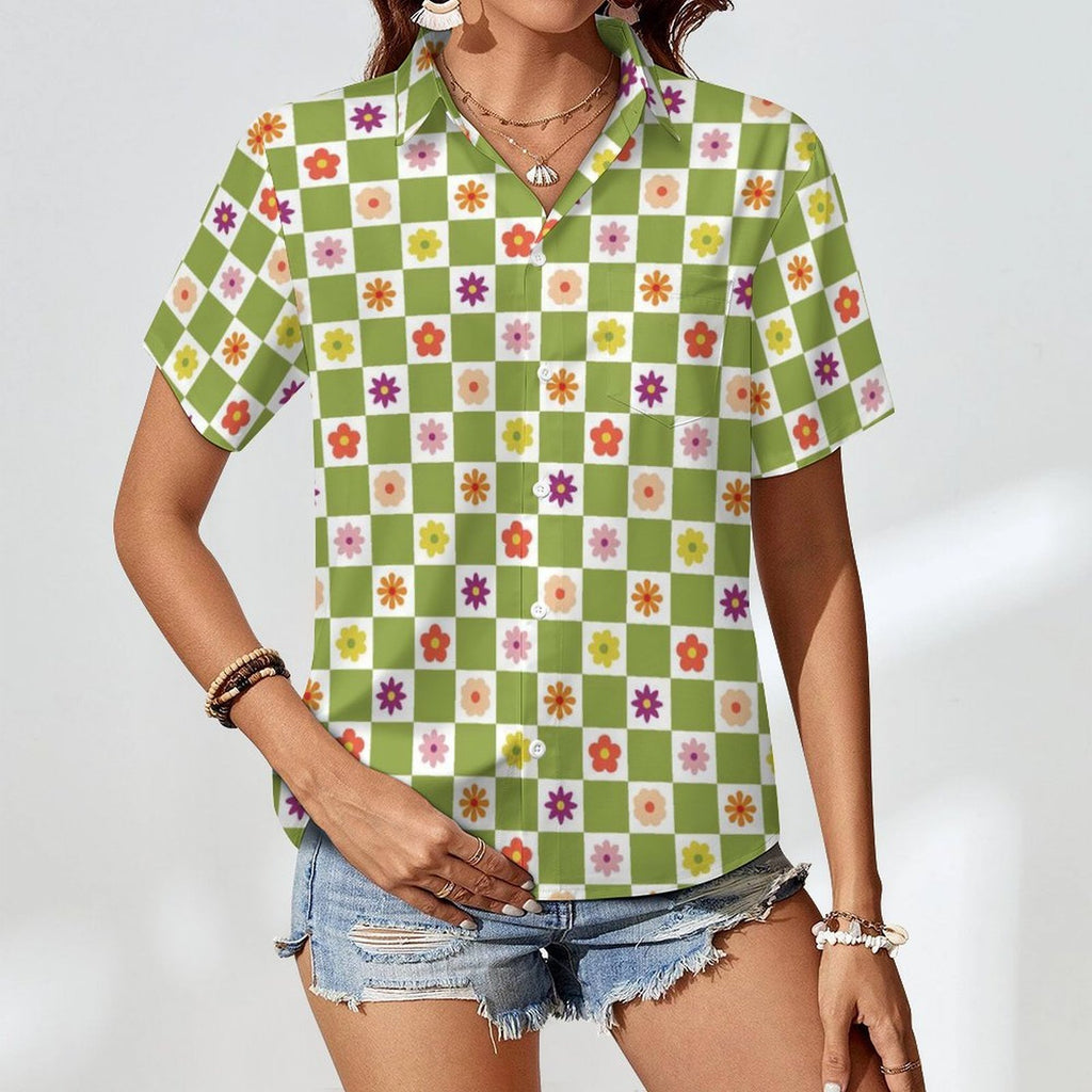 Flower Check Women's Short-Sleeve Button Up Shirt