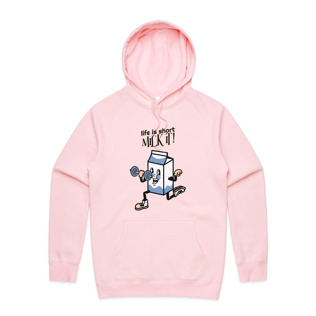 Life Is Short, Milk It - Mens Hoodie Pink Mens Hoodie Fitness Printed In Australia