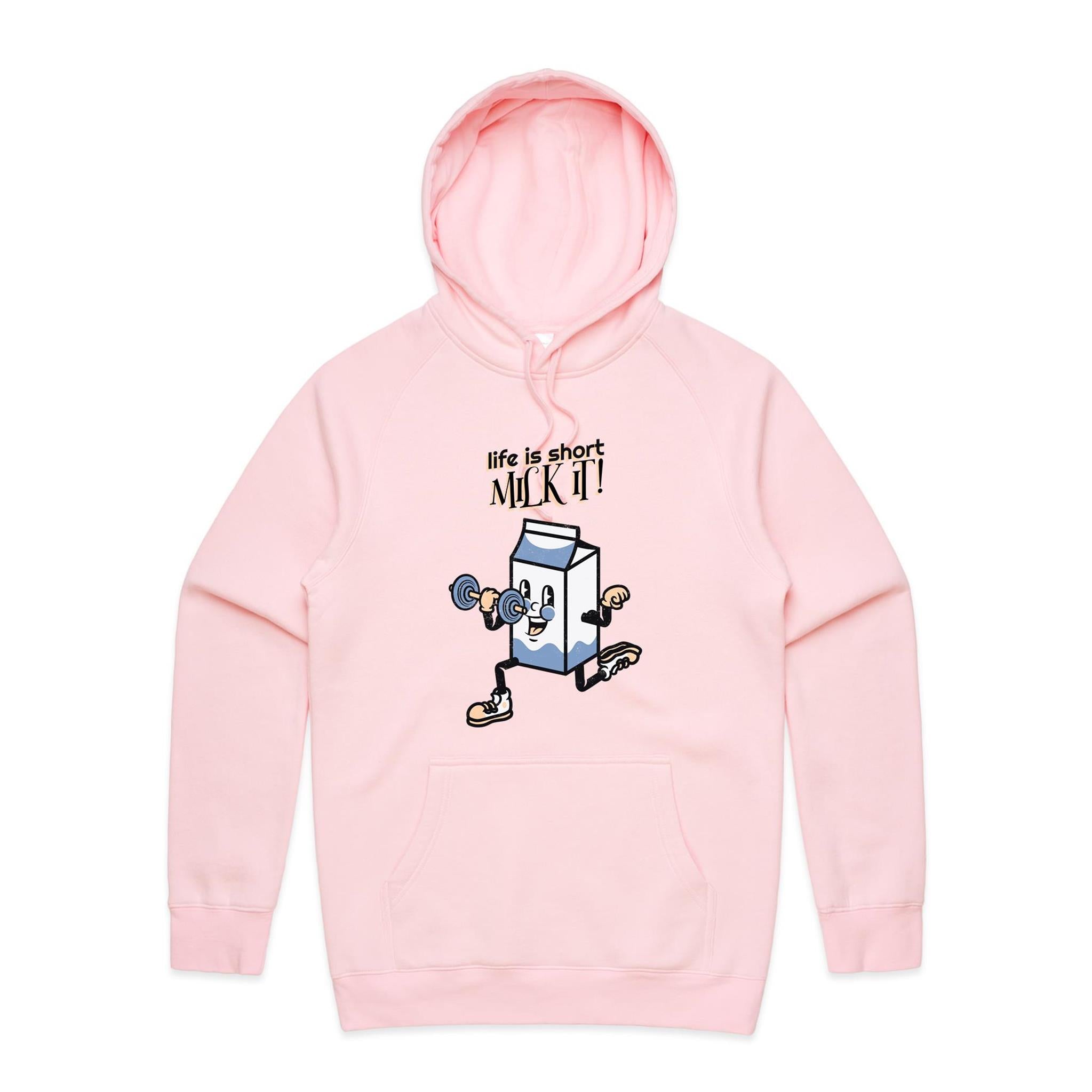 Life Is Short, Milk It - Mens Hoodie Pink Mens Hoodie Fitness Printed In Australia