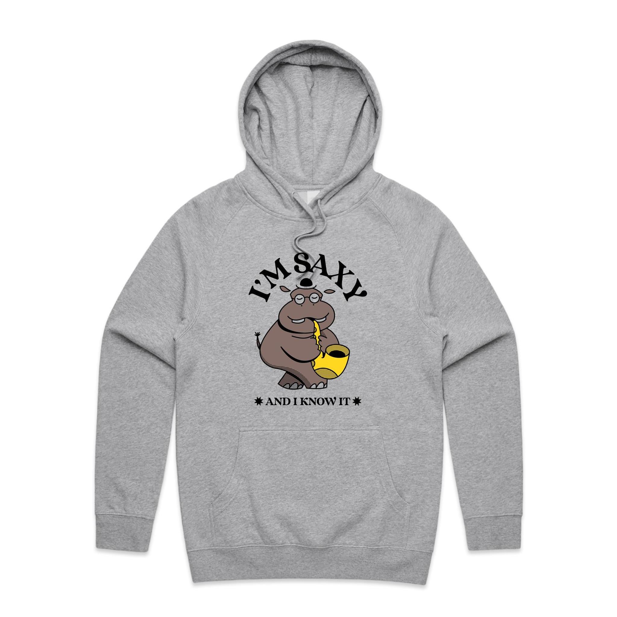 I'm Saxy And I Know It, Hippo Saxophone Player - Mens Hoodie Grey Marle Mens Hoodie animal Music Printed In Australia