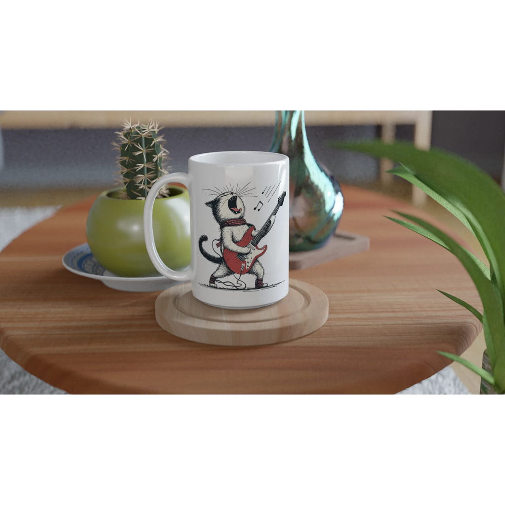 Personalised Cat Playing Guitar White 15oz Ceramic Mug Personalised 15oz Mug animal Globally Fulfilled Music