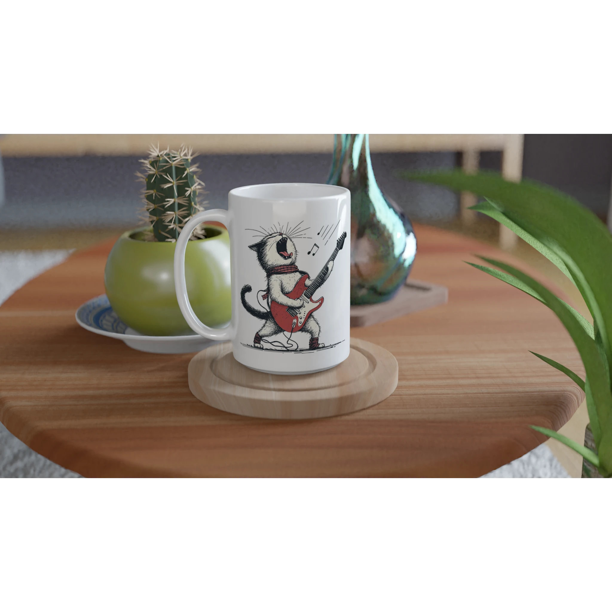 Personalised Cat Playing Guitar White 15oz Ceramic Mug Personalised 15oz Mug animal Globally Fulfilled Music