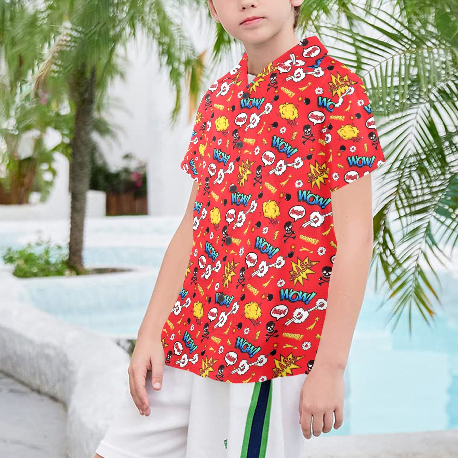 Comic Book Red Senior Kids Hawaiian Shirt Senior Kids Hawaiian Shirt 8-15 comic Printed Offshore