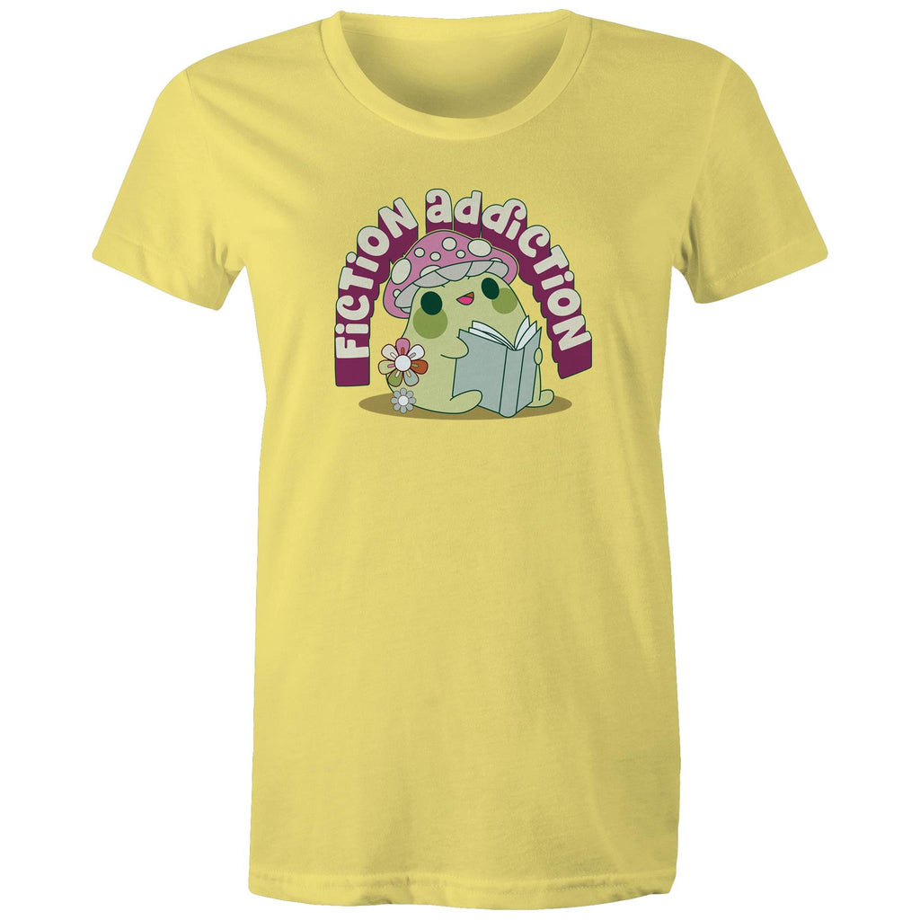 Fiction Addiction - Womens T-shirt Yellow Womens T-shirt Printed In Australia Reading