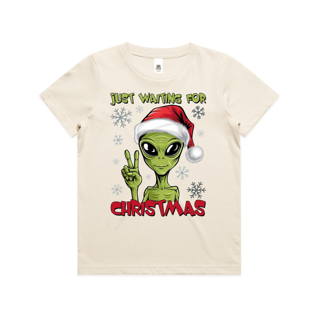 Just Waiting For Christmas, Alien - Kids Youth T-shirt Ecru Kids Christmas T-shirt Christmas Printed In Australia