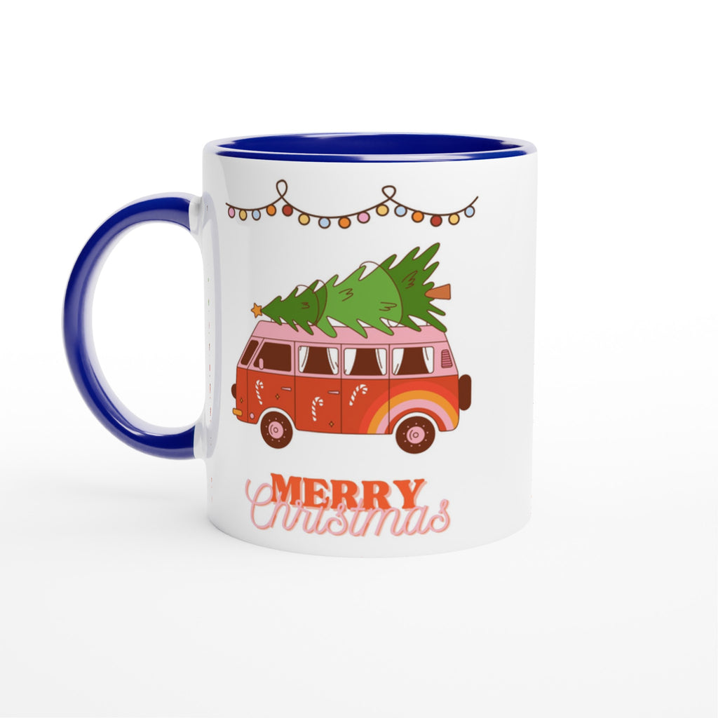 Christmas Tree On Peace Van - White 11oz Ceramic Mug with Colour Inside Ceramic Blue Christmas Colour Mug Christmas Globally Fulfilled