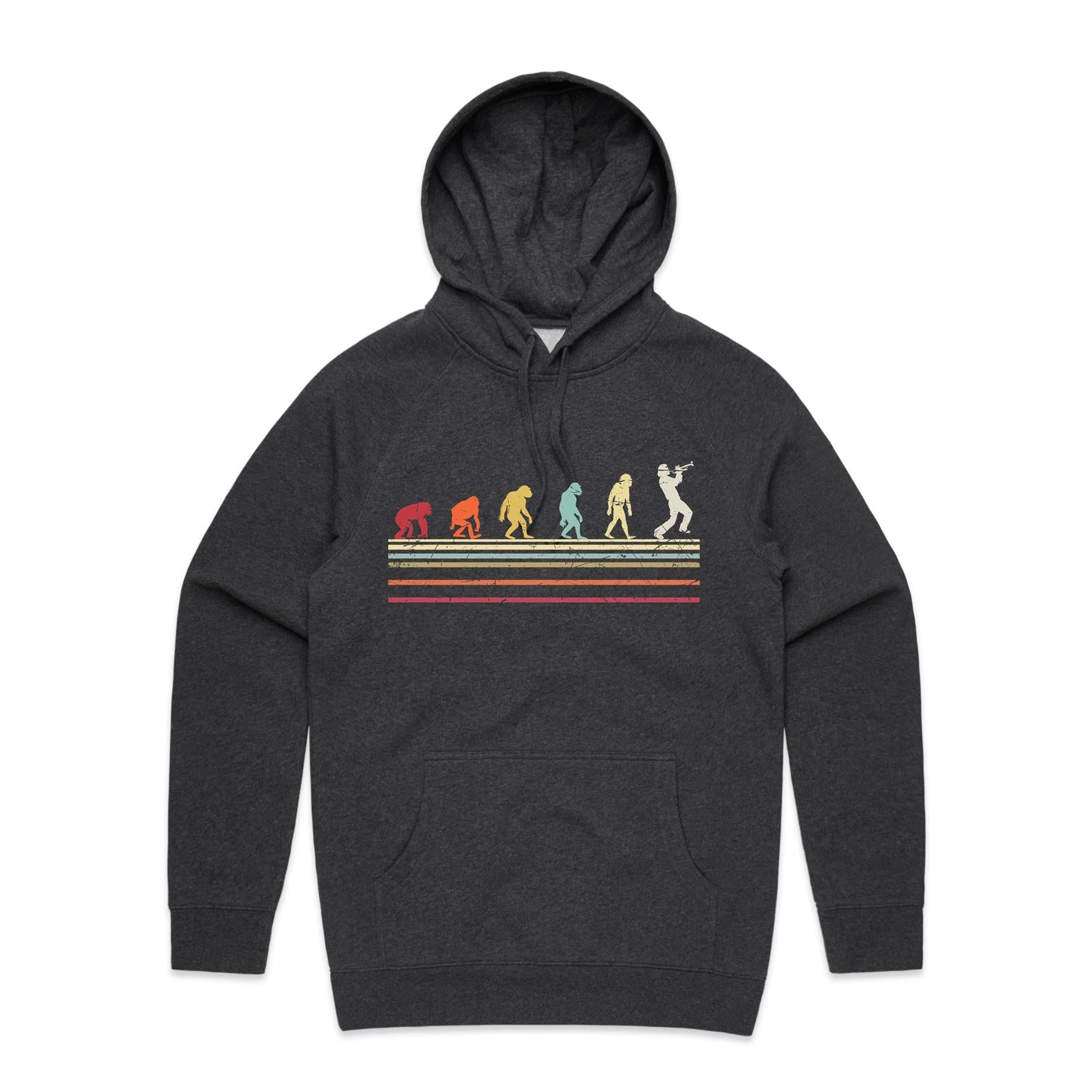 Trumpet Player Evolution - Mens Hoodie Asphalt Marle Mens Hoodie Music Printed In Australia