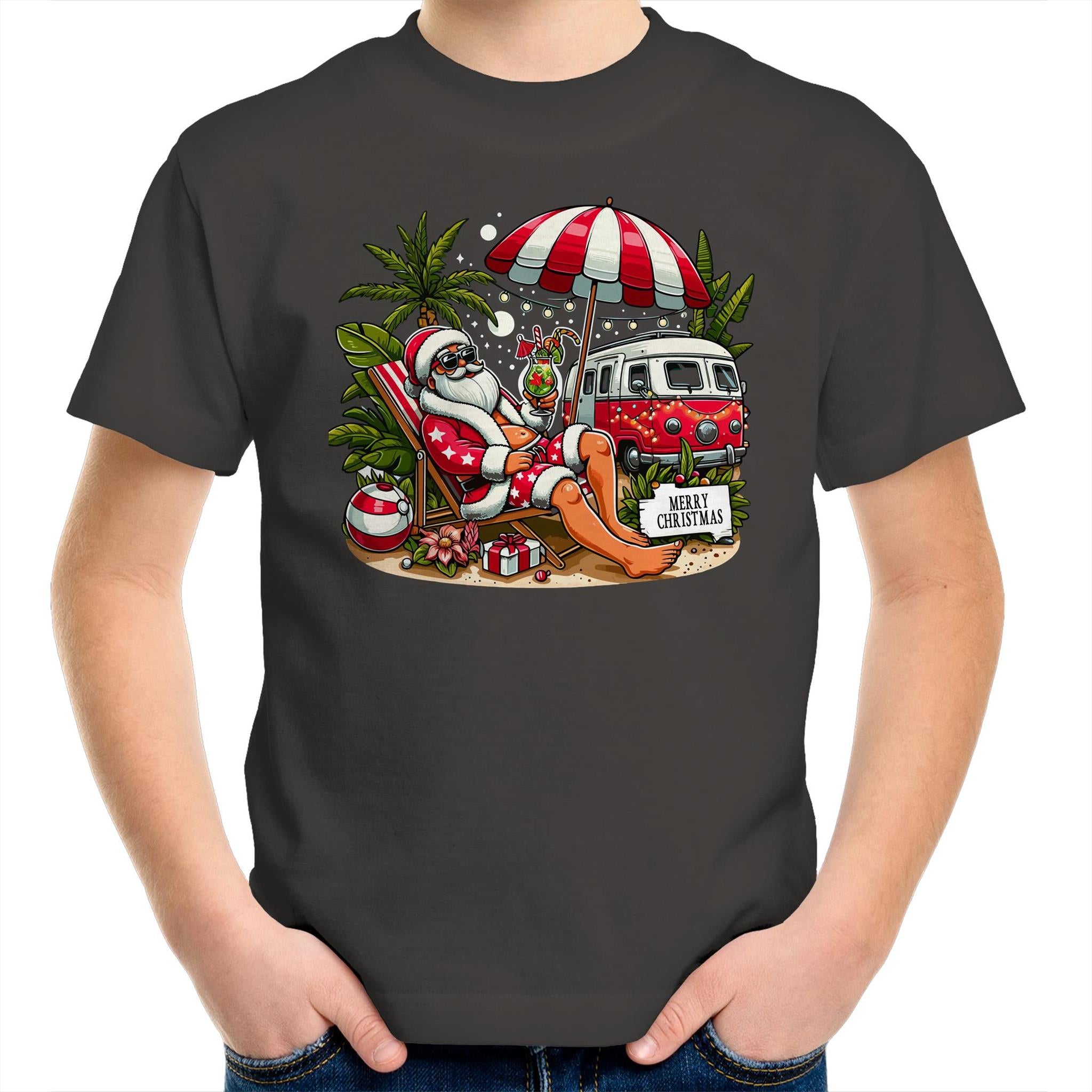 Santa By The Beach- Kids Youth T-shirt Charcoal Kids Christmas T-shirt Christmas Printed In Australia
