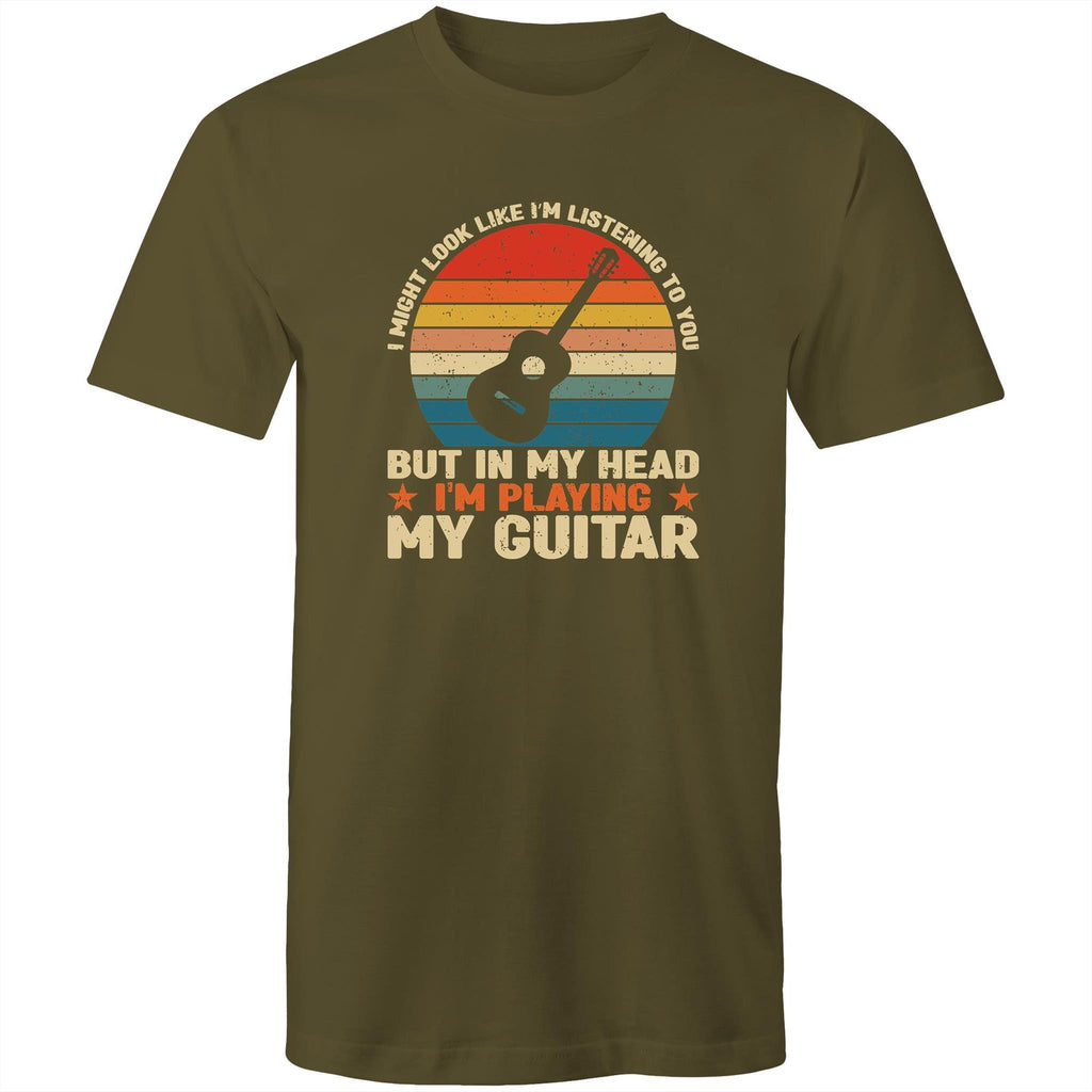In My Head I'm Playing My Guitar - Mens T-Shirt Army Green Mens T-shirt Music Printed In Australia