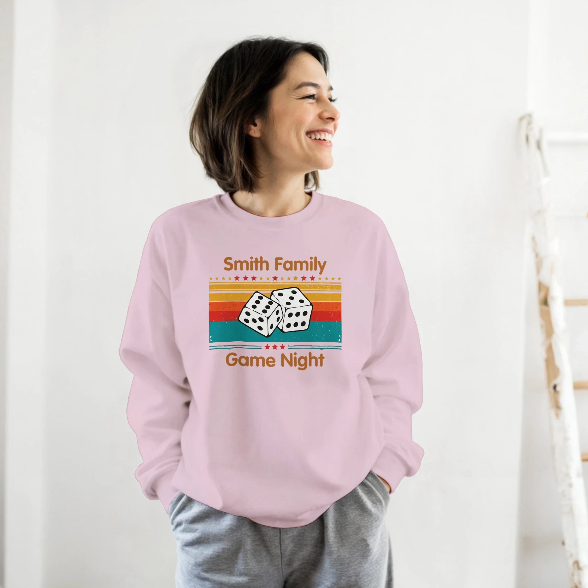 Personalised - Dice, Family Games Night - Classic Unisex Crewneck Sweatshirt | Gildan® 18000 Light Pink Personalised Sweatshirt customise Games Globally Fulfilled personalise