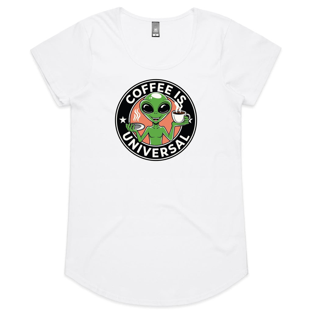 Coffee Is Universal, Alien - Womens Scoop Neck T-Shirt White Womens Scoop Neck T-shirt Coffee Printed In Australia Sci Fi