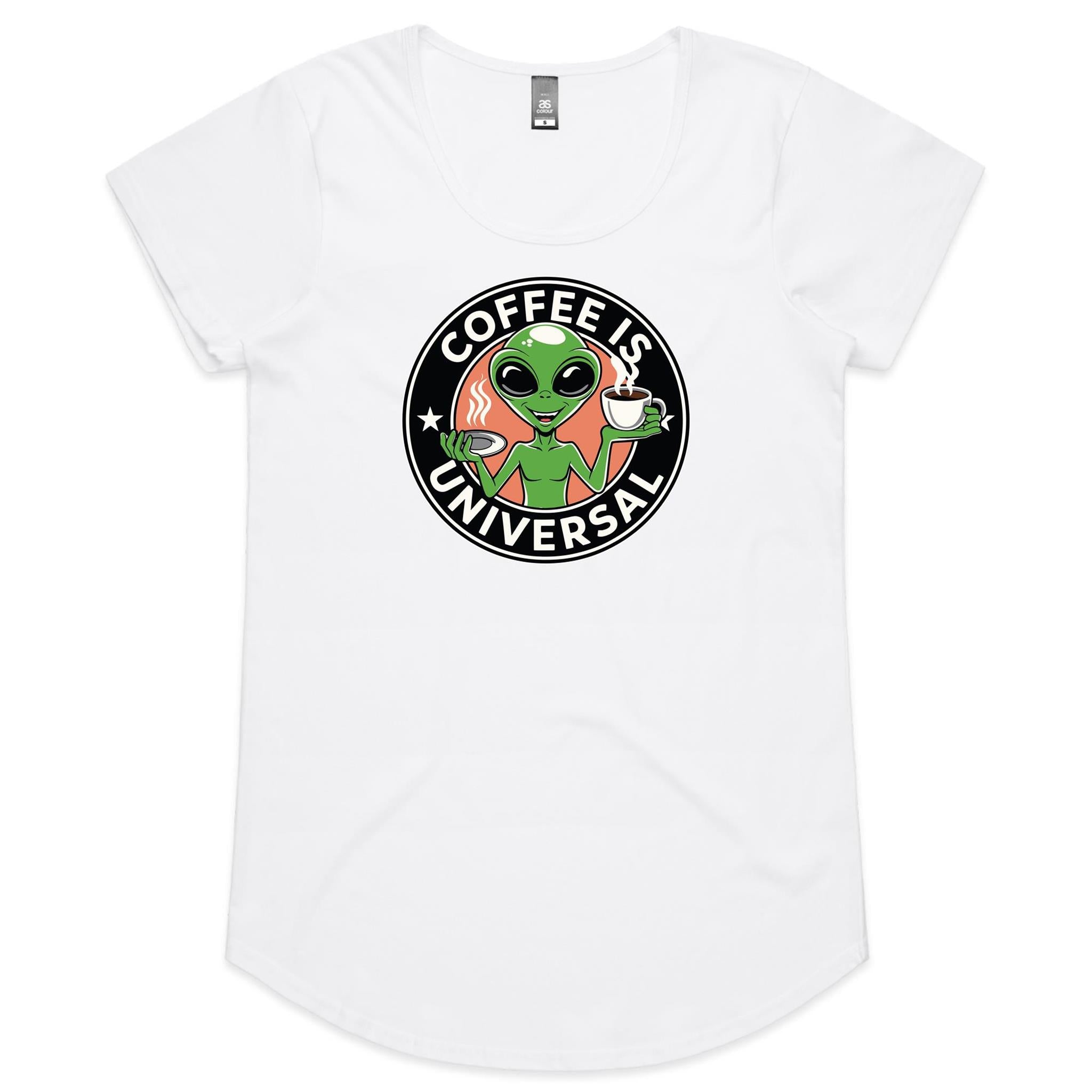 Coffee Is Universal, Alien - Womens Scoop Neck T-Shirt White Womens Scoop Neck T-shirt Coffee Printed In Australia Sci Fi