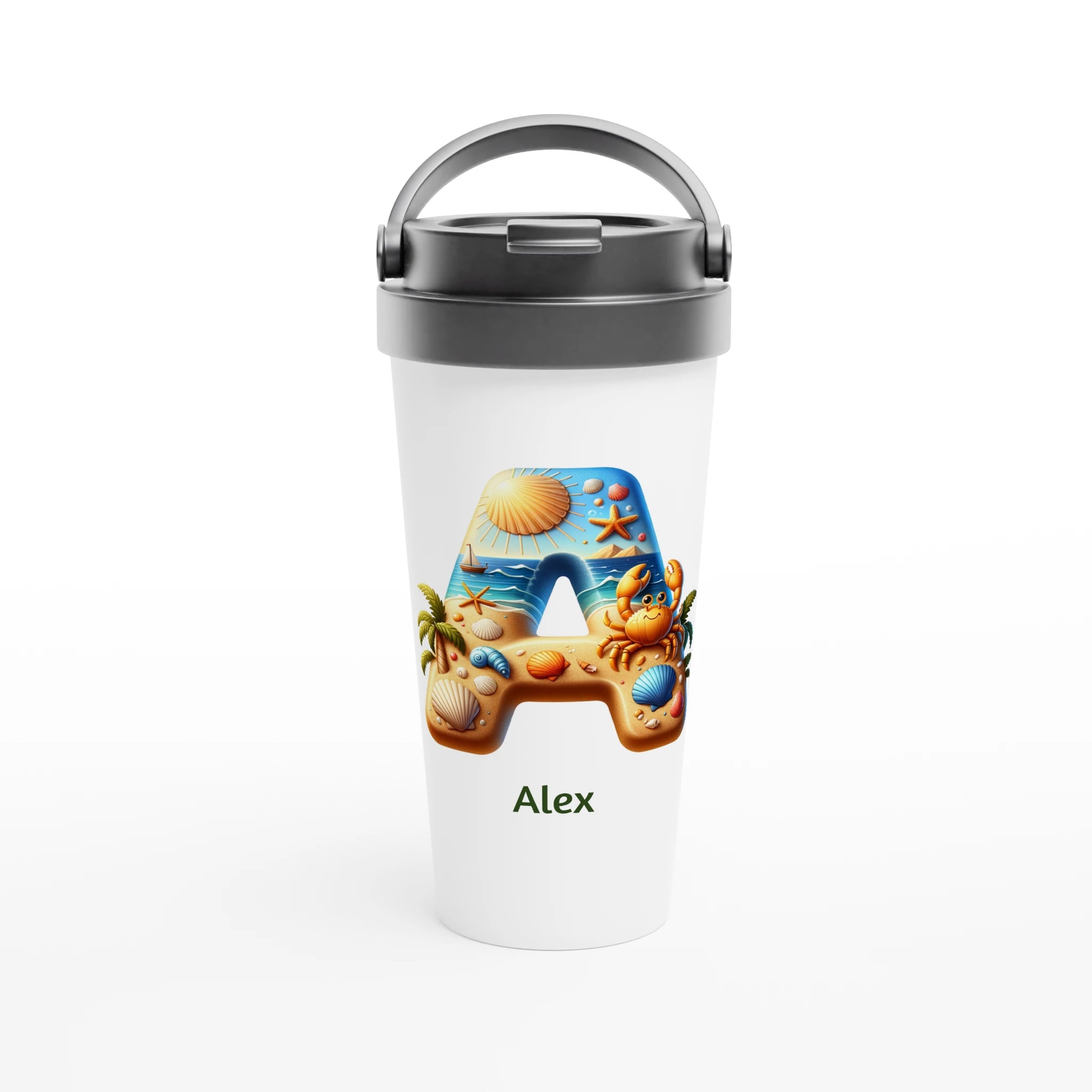 Summer Beach Initials - White 15oz Stainless Steel Travel Mug Default Title Personalised Travel Mug Customise Personalise