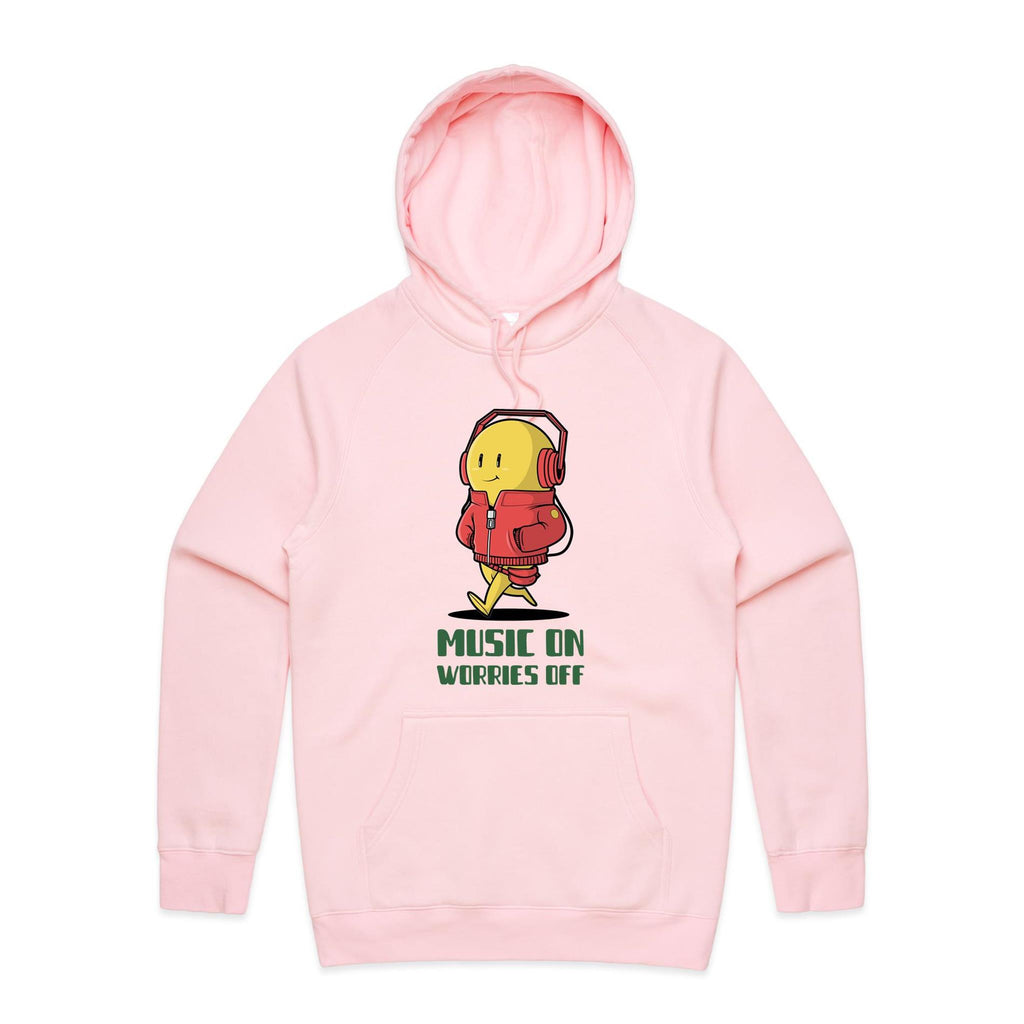 Music On, Worries Off - Mens Hoodie Pink Mens Hoodie Music Printed In Australia