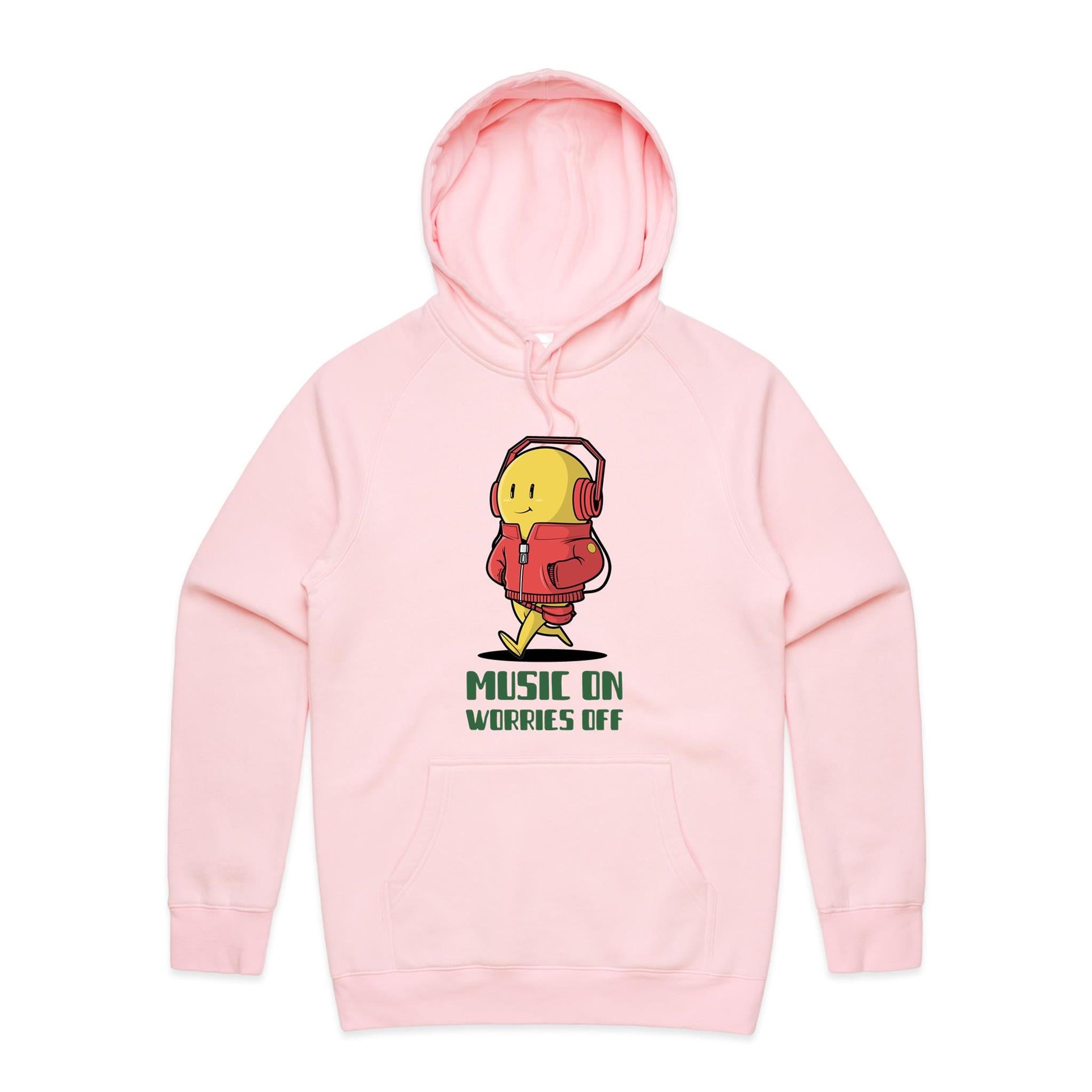 Music On, Worries Off - Mens Hoodie Pink Mens Hoodie Music Printed In Australia