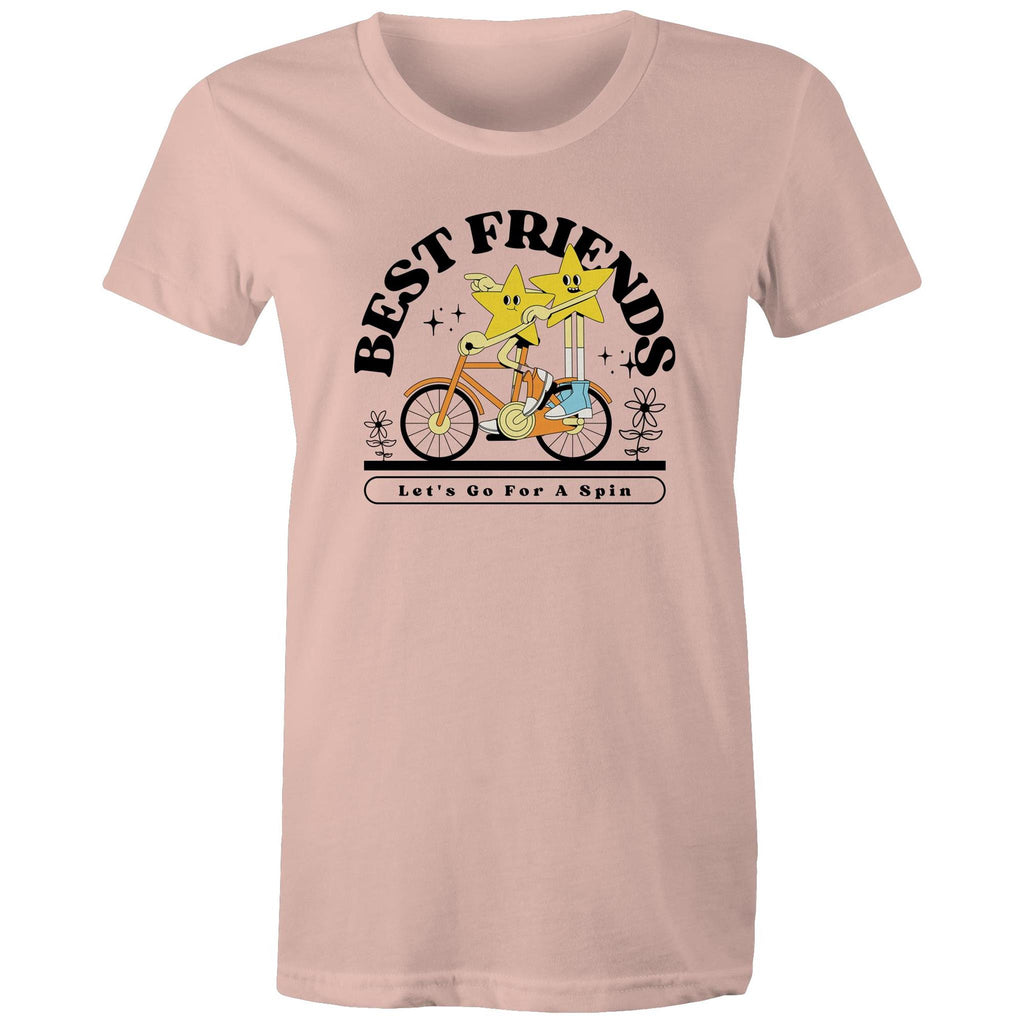Best Friends, Riding A Bike - Womens T-shirt Pale Pink Womens T-shirt Printed In Australia Retro