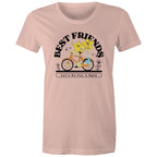 Best Friends, Riding A Bike - Womens T-shirt Pale Pink Womens T-shirt Printed In Australia Retro