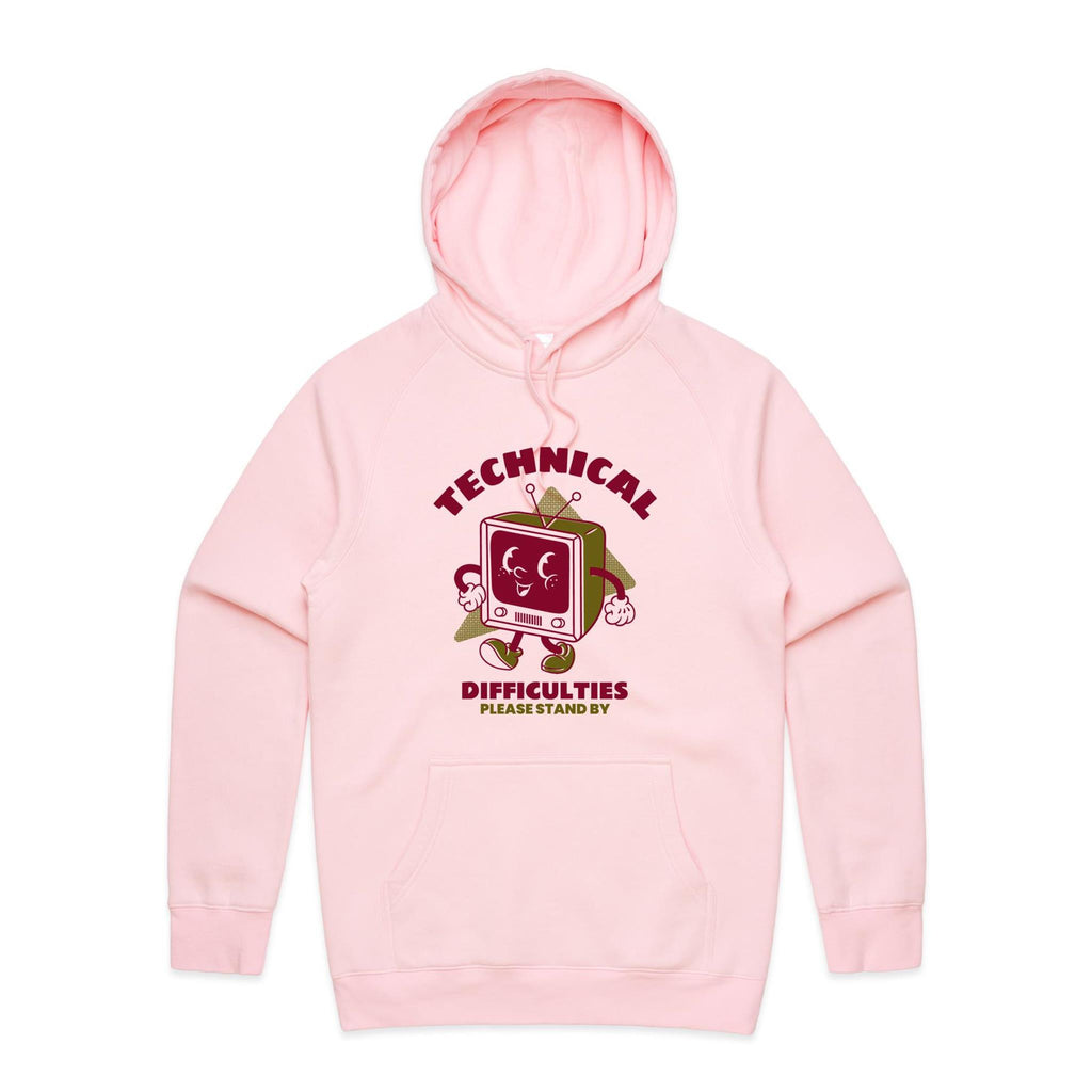 Retro TV, Technical Difficulties - Mens Hoodie Pink Mens Hoodie Printed In Australia Retro Tech
