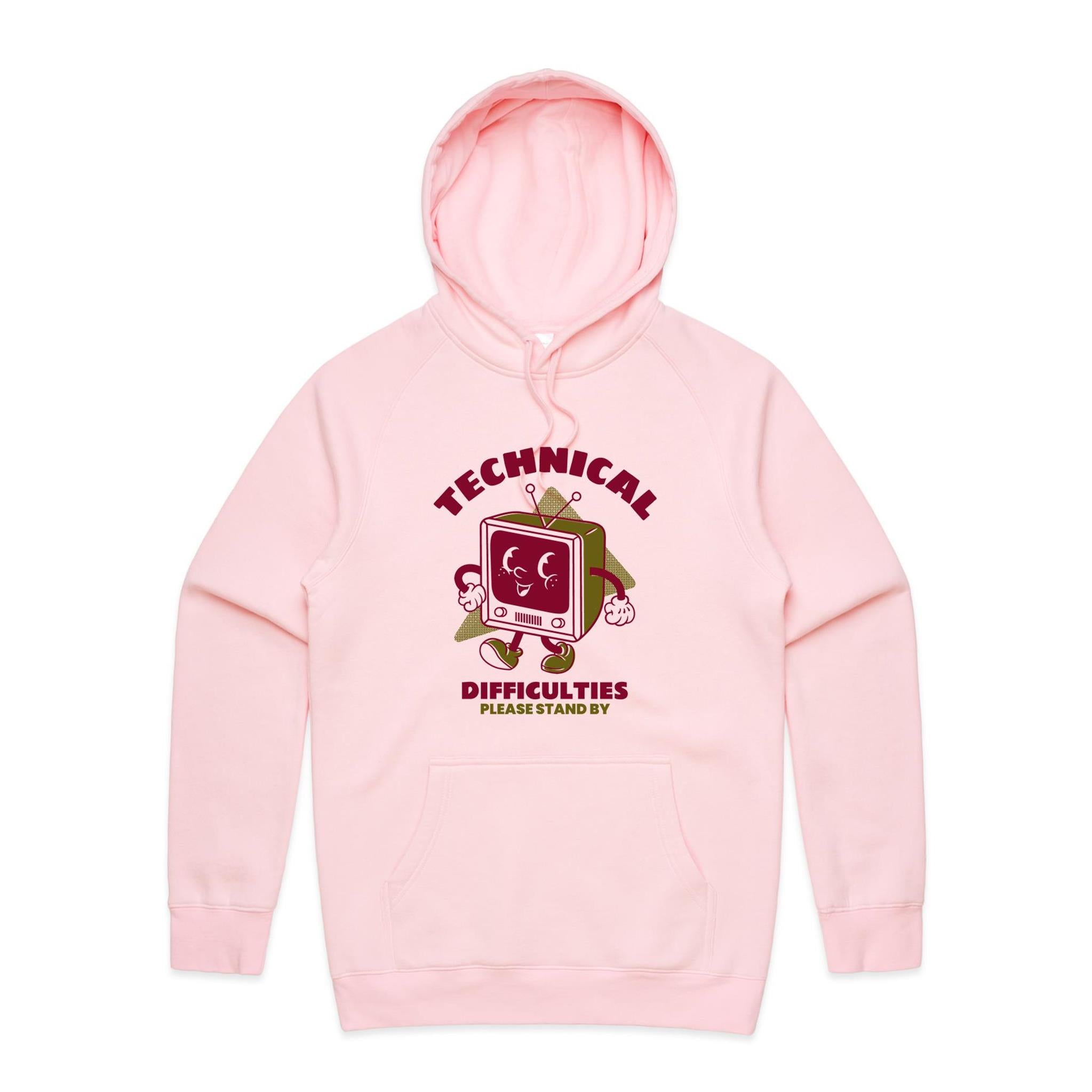 Retro TV, Technical Difficulties - Mens Hoodie Pink Mens Hoodie Printed In Australia Retro Tech