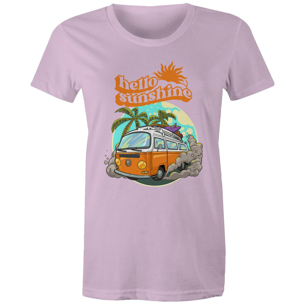 Hello Sunshine, Beach Van - Womens T-shirt Lavender Womens T-shirt Printed In Australia Summer Surf