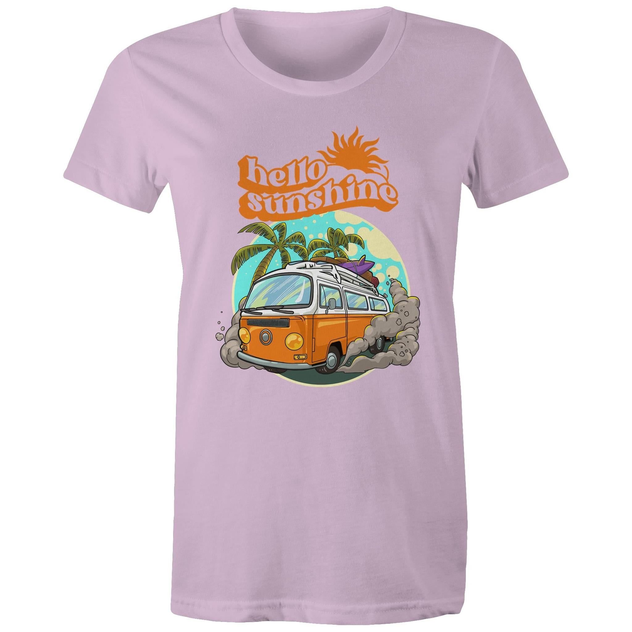 Hello Sunshine, Beach Van - Womens T-shirt Lavender Womens T-shirt Printed In Australia Summer Surf