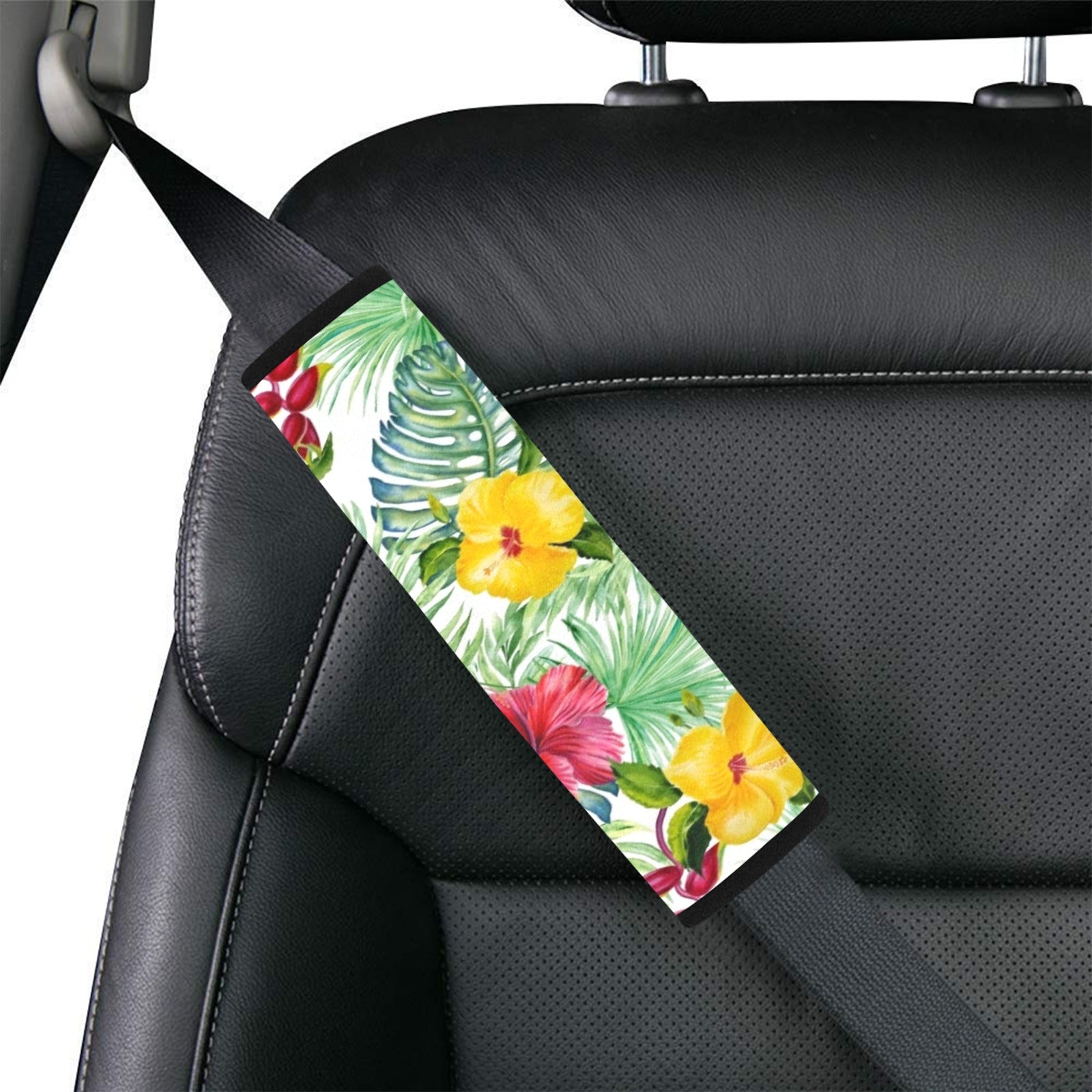 Tropical Flowers On White Car Seat Belt Cover 7''x10'' (Pack of 2) Car Seat Belt Cover 7x10 (Pack of 2) Plants Printed Offshore