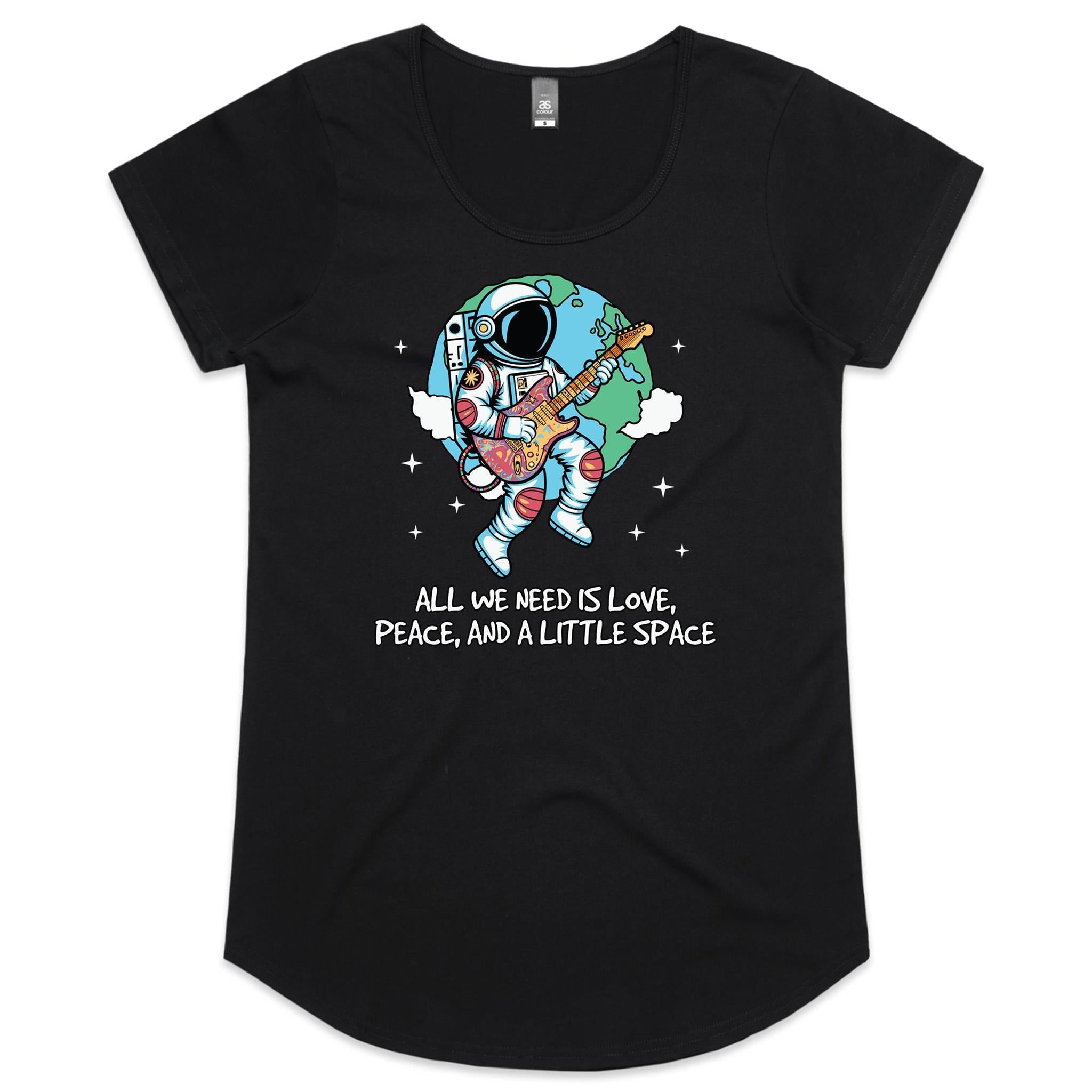 Astronaut, All We Need Is Love, Peace And A Little Space - Womens Scoop Neck T-Shirt Black Womens Scoop Neck T-shirt Music Printed In Australia Space
