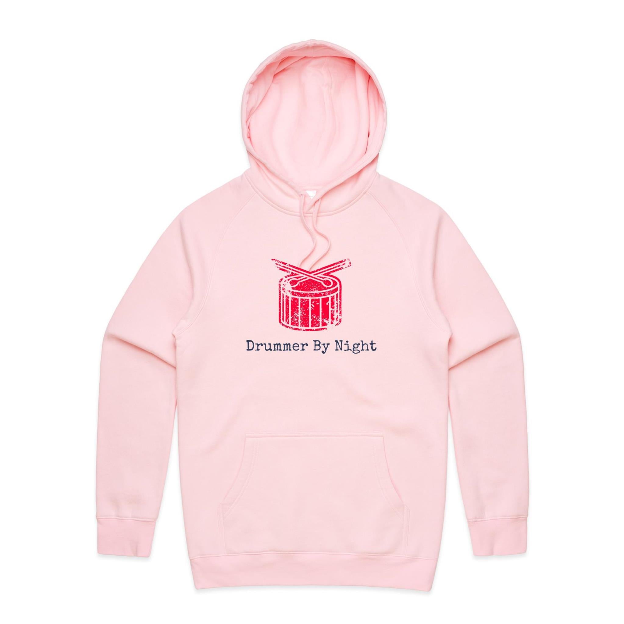Drummer By Night - Mens Hoodie Pink Mens Hoodie Music Printed In Australia
