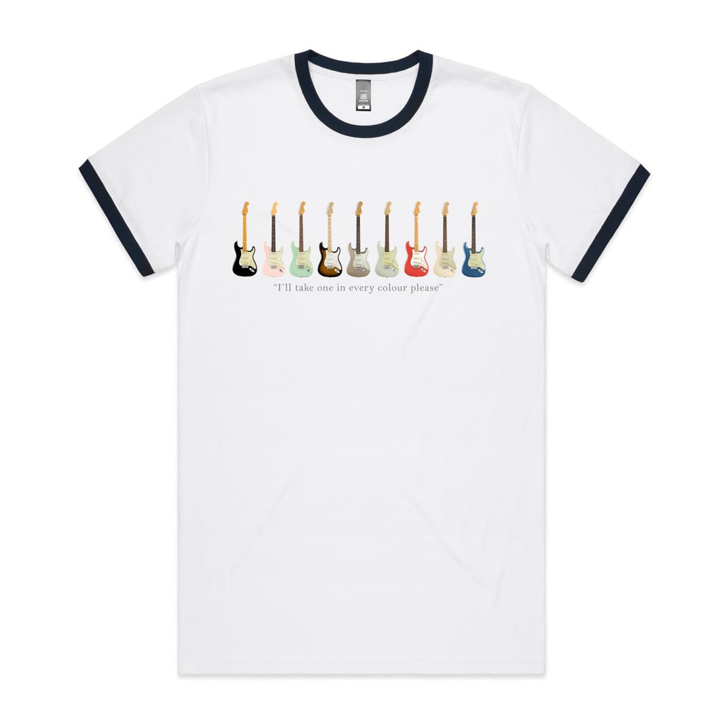 Guitars In Every Colour - Staple Ringer Tee White Navy Ringer T-Shirt Music Printed In Australia