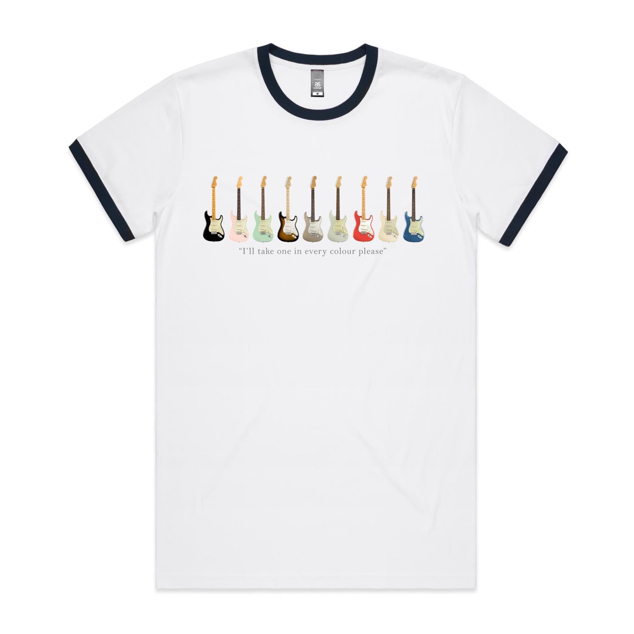 Guitars In Every Colour - Staple Ringer Tee White Navy Ringer T-Shirt Music Printed In Australia