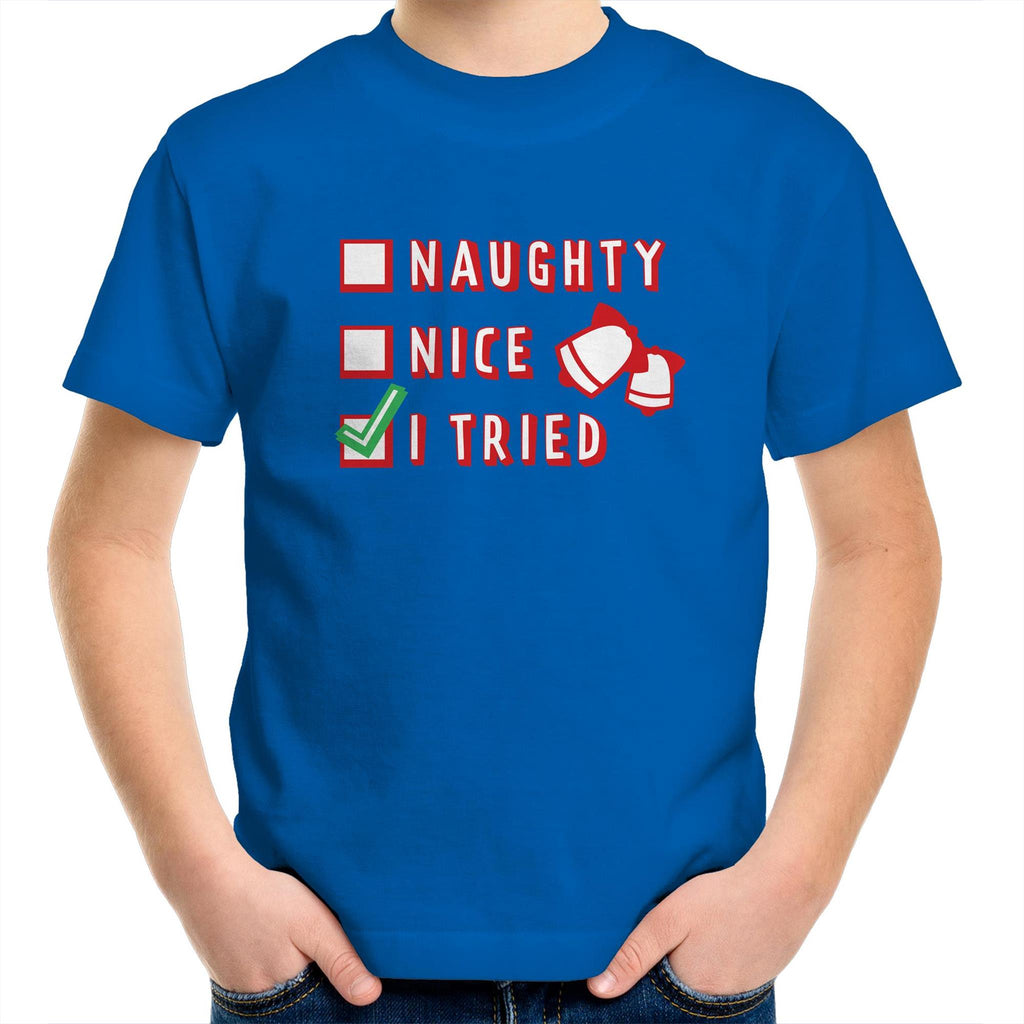 Naughty, Nice, I Tried, Santa's Christmas List - Kids Youth T-Shirt Bright Royal Kids Christmas T-shirt Christmas Printed In Australia