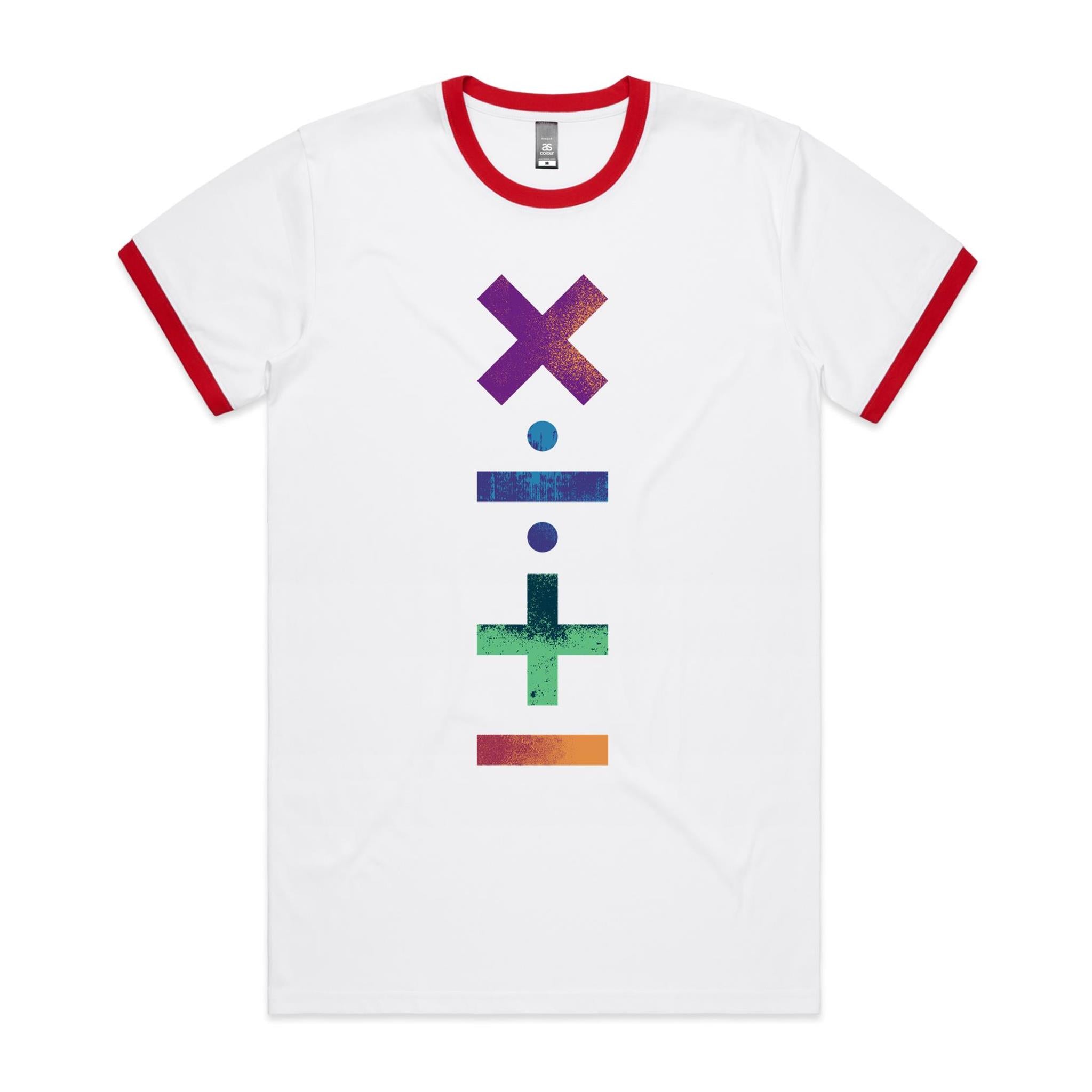 Math Symbols - Staple Ringer Tee White Red Ringer T-Shirt Maths Printed In Australia