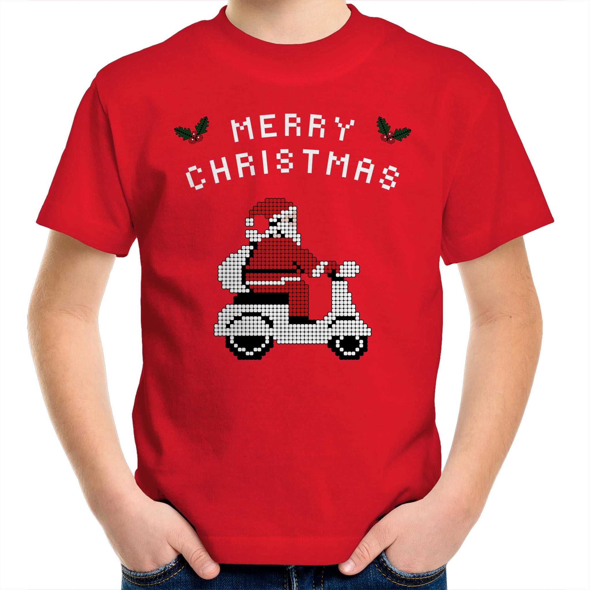 Scooter Santa - Kids Youth T-Shirt Red Kids Christmas T-shirt Christmas Printed In Australia
