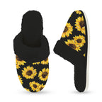 Sunflowers On Black Women's Fur Trim Thick-Sole Indoor Slippers Women's Fur Trimmed Slippers Plants Printed Offshore