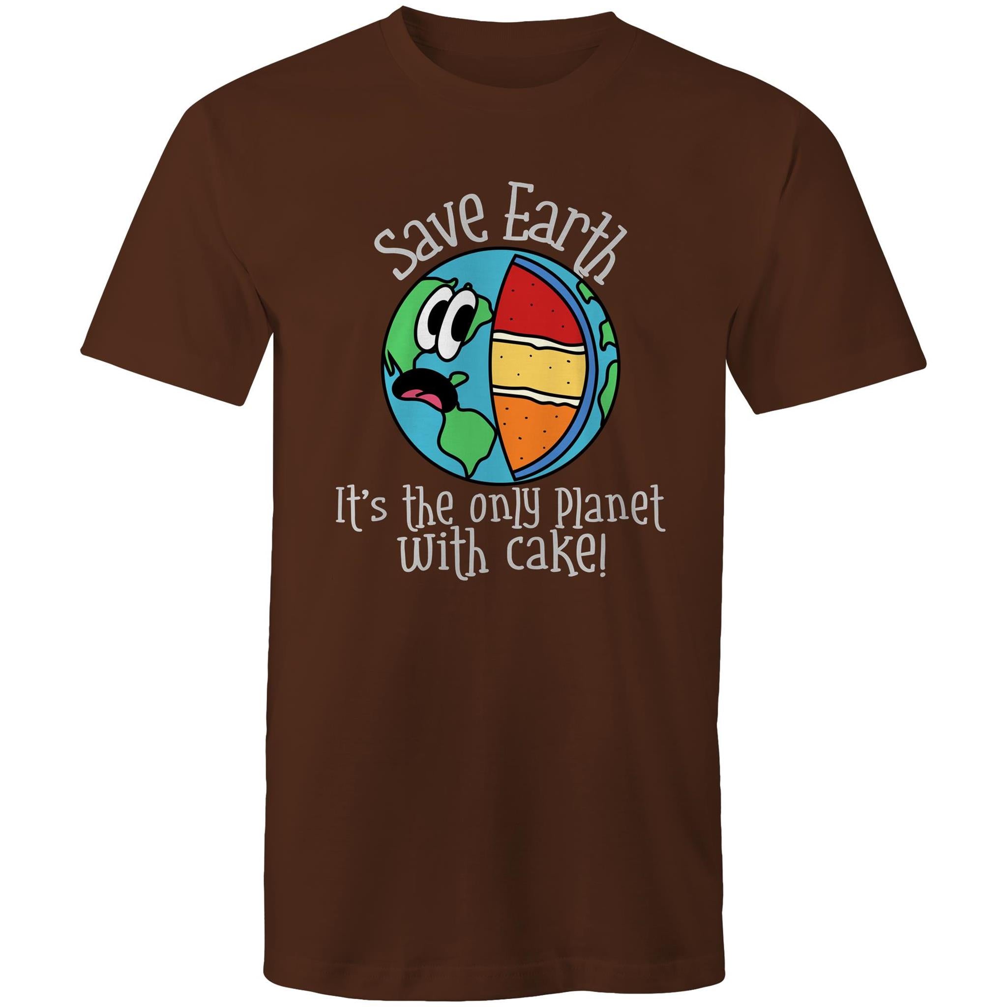 Save Earth, It's The Only Planet With Cake - Mens T-Shirt Dark Chocolate Mens T-shirt Environment Food Printed In Australia