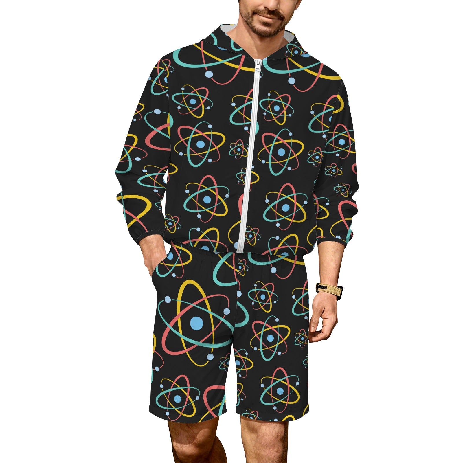 Atoms Men's Lightweight Sun Hoodie & Shorts Set 4XL Men's Lightweight Sun Hoodie & Shorts Printed Offshore Science